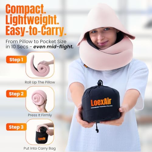 LOEXAIR™ Hooded Pro Travel Pillow - Memory Foam Neck Support Pillow for Airplane, Flight - Super-Soft Pure Cotton Fabric, Maximum Privacy & Light-Block Design, Lightweight Full Travel Kit- Sakura Pink