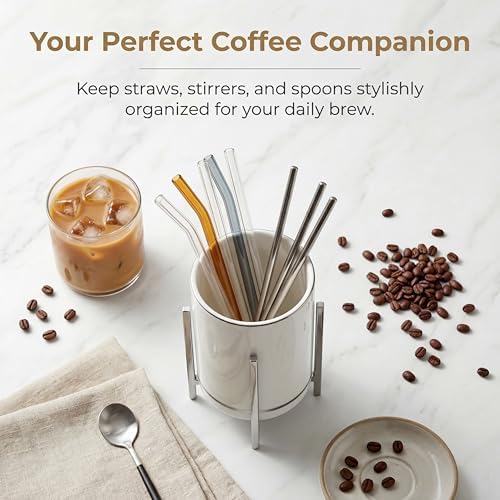 Desk Ceramic Pencil Cup with Metal Legs, Ceramic Pencil Cup, Black and White Pen Holder Cup for Office, Desk Decor for Women Girls, Cute Makeup Brushes Holder