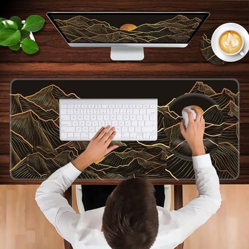Mouse Pad,Large Pink Desk Mat, 4in1 XXL Mousepad + Keyboard Wrist Rest+Mouse Wrist Rest+Coaster Set with Ergonomic Desk Pad for Home Office Table Computer-Golden Mountain Line Moon Landscape