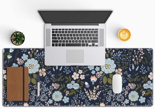Floral Desk Mat Dark Vintage Aesthetic Desk Pad Flower Plant Blue Extended Mouse Pad Large Gaming Mousepad XL Laptop Computer Mouse Keyboard Mat 31.5 x 11.8 in for Office Desk Decor