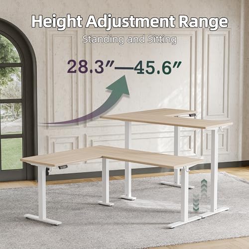 TIQLAB L Shaped Standing Desk Adjustable Height, Electric Corner Standing Desk, 63 x 55 inch Sit Stand Computer Table with Splice Board, Light Walnut