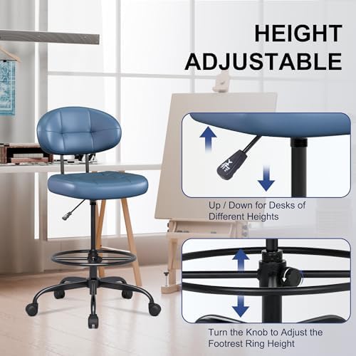 Misolant Drafting Chair Without Arms, Tall Office Chair with Footrest Ring for Standing Desk, Small Faux Leather Executive Chair with Adjustable Height for Bar Lab Counter Height Desk, Navy Blue