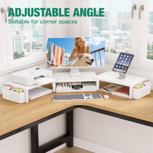 OPNICE Desk Organizer and Accessories, Computer Monitor Stand Riser with Drawer and 2 Pen Holders, Laptop Stand, Office Desk Accessories for Office Supplies, White