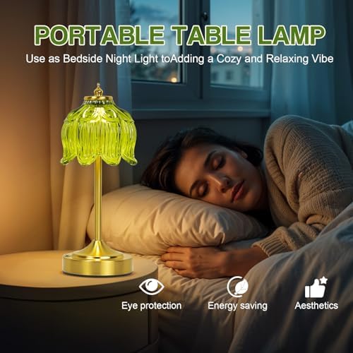 Cordless Table Lamp, Rechargeable Green Glass Lotus Flower Lamp