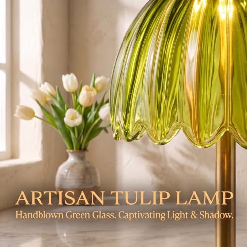 Tulip Glass Rechargeable Table Lamp, Cordless Vintage Table Light (Green)