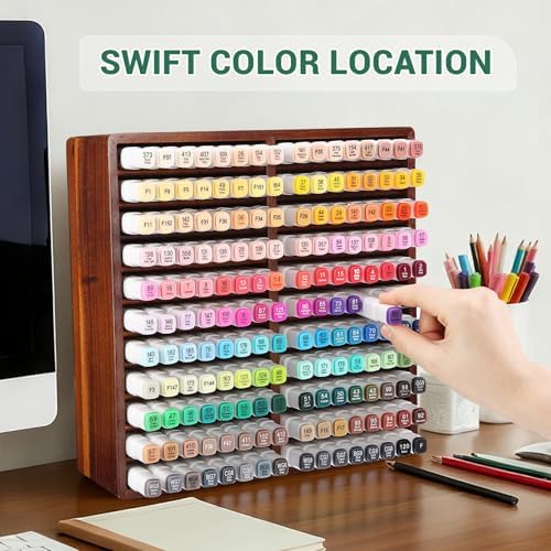 walowalo Acacia Wood Marker Organizer with 22 Compartments Holds 176 Markers, Alcohol Marker Storage Desk Organizer Pen Holder for Office Home Classroom Artists Kids Birthday Gift