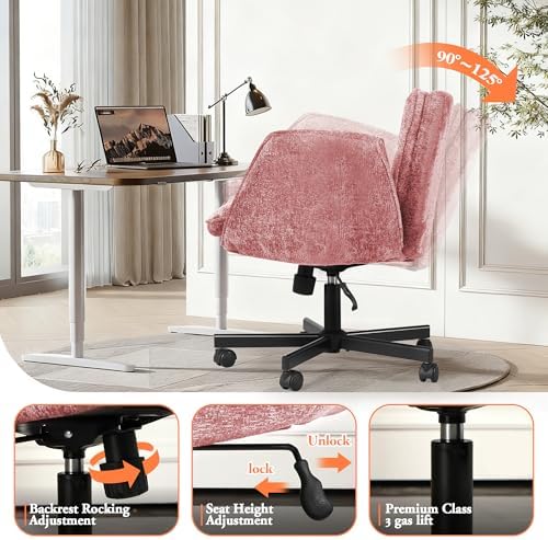 Criss Cross Chair with Wheels & Arms, Chenille Cross Legged Office Chair with 5-level Folding Armrest, Comfortable Adjustable Swivel Vanity Chair for Home, Make Up, Bed Room, Office, Accent (Pink)