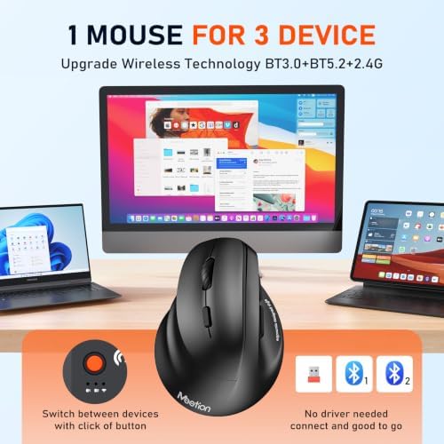 MEETION Left-Handed Wireless Ergonomic Vertical Mouse, Rechargeable - Black