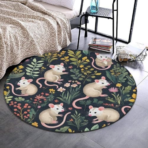 Large Home Decor Mat, Soft Round Yoga Carpet, Non Slip Machine Washable Home Office Circle Rug Green Leaves Opossum Floral