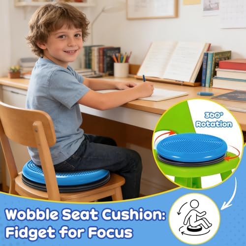 Wiggle Seat Cushion,Fimeetoy Sensory Spinning Chair,Adhd Tools for Kids,Flexible Seating Classroom & Home,Inflatable Wobble Balance Disc-Blue