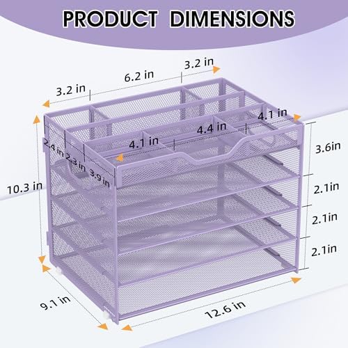 5 Tier Paper Letter Tray Desk Organizer with Pen Holders - Purple