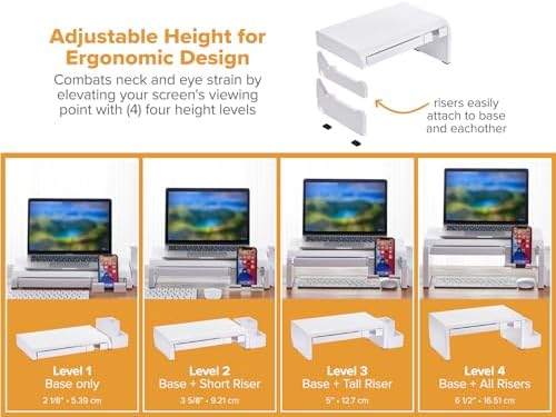 Bostitch Konnect Adjustable Monitor Riser with Drawer, Cell Phone Stand & Pencil Holder, Laptop Stand for Desk, 4 Height Levels, Cable Management & Rubber Feet