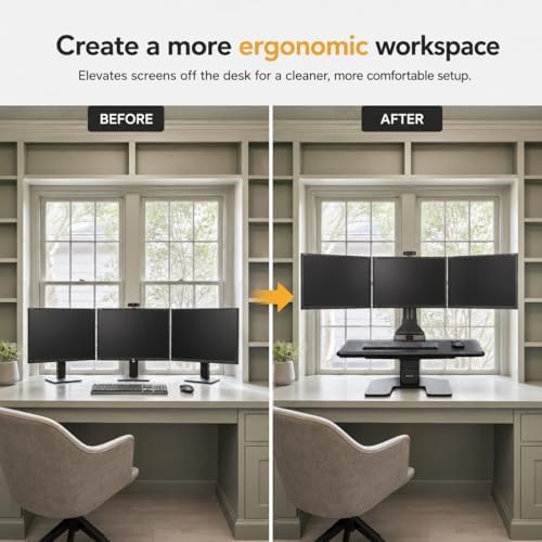 Mount-It! Triple Monitor Electric Standing Desk Converter - 3 Screens Stand Up Desk Riser - Height Adjustable Desktop & 3 Mounts for Screens up to 32", Sit-Stand Convertor for Home, Office, School