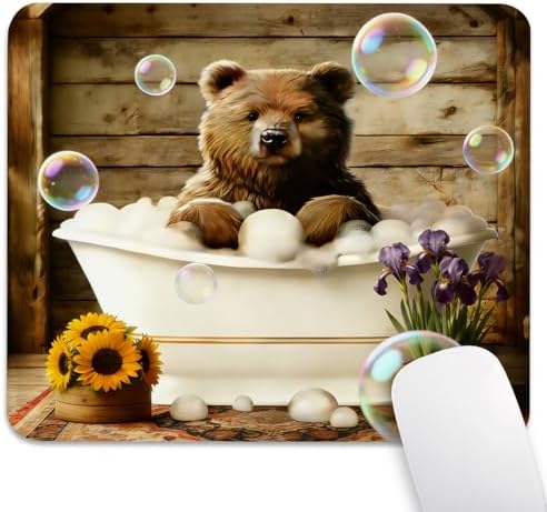 Funny Bear in Bathtub Mouse Pad, Rustic Farmhouse Wild Animal Desk Mat