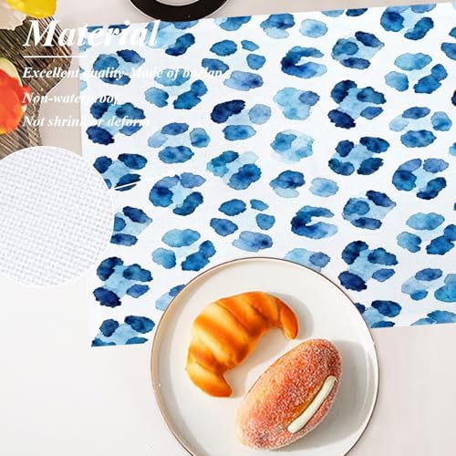 Shrahala Navy Blue Set of 8 12 X 18 Inch Linen Placemats, Watercolor Stains Burlap Table Mat Washable Double Layered Heat Insulation for Indoor/Outdoor