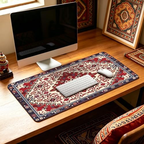 Persian Rug Mouse Pad - Desk Mat for Keyboard and Mouse - Large Mouse Pads for Desk, Gaming Mousepad with Non-Slip Base, Retro Desk Mat (31.5" X 11.8") Rug - Cherry Blue