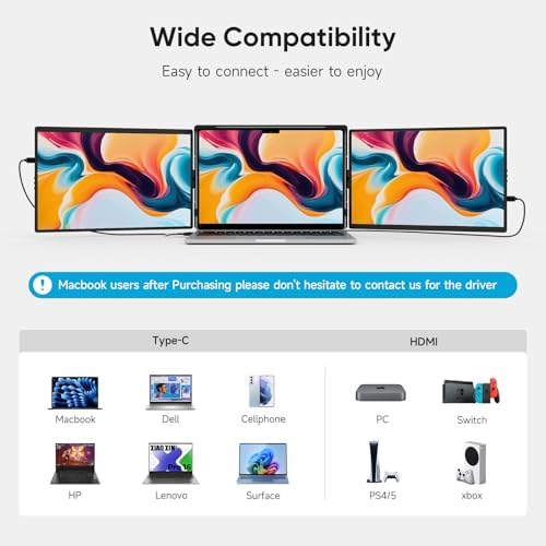 Dopesplay Laptop Screen Extender, 14" Triple Portable Monitor for Laptop, FHD 1200P IPS Screen Extender Monitors for 14"-17.3" Carry a USB flash drive，Plug & Play Compatible with Windows, Mac, Android
