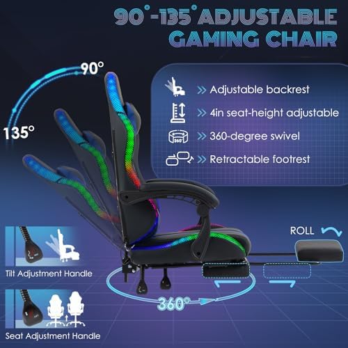 ECOTOUGE Gaming Chair with Footrest, Lumbar Massage & RGB LED Lights, Blue
