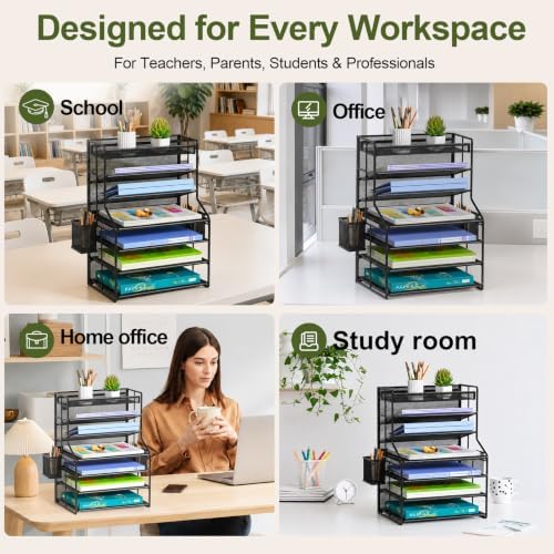 7 Tier Desk File Organizer, Black Metal Letter Tray Paper Organizer with Pull-Out Drawer, Removable Pen Holder & Hanging Basket, Vertical Desktop File Holder for Home Office, Classroom