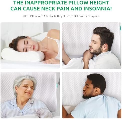 UTTU Cervical Pillow for Neck Pain Relief, Memory Foam Neck Pillow for Sleeping, Adjustable Orthopedic Sandwich Pillow, Contour Cooling for Side Back Stomach Sleeper, Travel(15.7"×11"×5.2"/4.5")