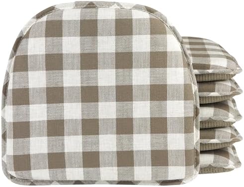 Klear Vu The Gripper Non-Slip Linen Check Dining Kitchen Chair Pads, 16" x 15", Set of 6, Liza Check Taupe