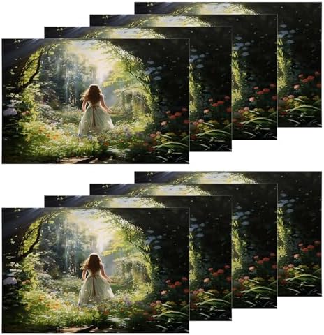 Shrahala Girl in Garden Vibrant Scene Set of 8 12 X 18 Inch Linen Placemats, Beautiful Natural Setting Burlap Table Mat Washable Double Layered Heat Insulation for Indoor/Outdoor