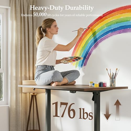 Klicelor 48 x 28 Electric Standing Desk, Sit Stand Up Home Office Desk, Height Adjustable Deep Cumputer Table with Memory Presets and Hooks, Two Pieces, Dark Walnut