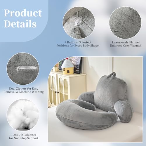 19" Reading Pillow for Bed,U Shaped Arm & Elbow Support,Gray Faux Fur