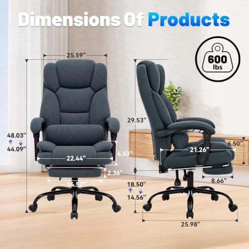 600LBS Executive Office Chair with FootRest for Heavy People High Back Ergonomic Gaming Chair with Lumbar Support Reclining Home Office Desk Chair with Pocket Spring Cushion Fabric (Gray)
