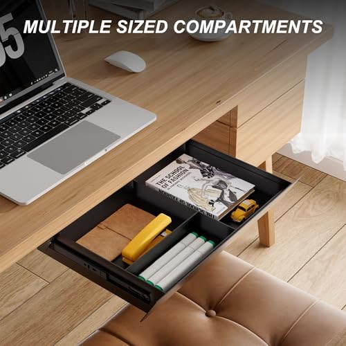 Under Desk Drawer with Removable Tray, 15.4" Wide 2-in-1 Organizer – 60° Ergonomic Tilt, 4-Compartment Insert for Pens, Phones & Cables, Ball Bearing Slides, for Home Office & Student Desk