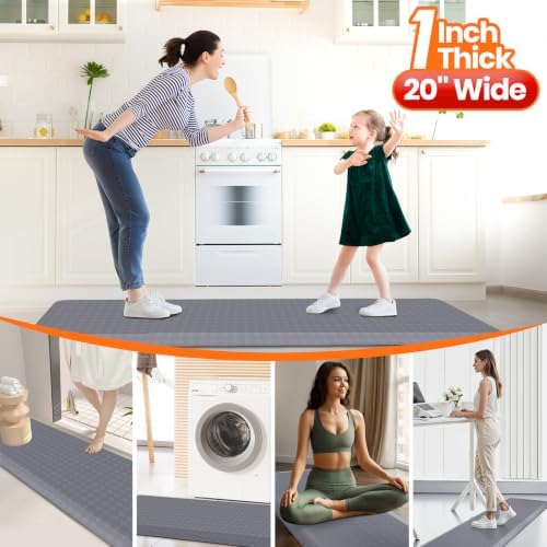 1" Thick Kitchen Mats for Floor, Water Resistant Floor Rug,Grey/72" x 20"