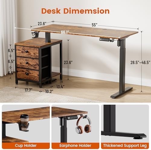 REAHOME 55 Inch Rustice Brown Height Adjustable Standing Desk with Drawers