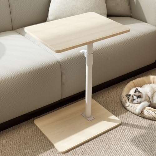 YUHFERA Sofa Armrest Tray Table for Couch - 360 Swivel Height Adjustable End Table for Small Spaces, Snack Side Table for Bed or Chair with Phone & Tablet Slot (Oak, Enlarged)