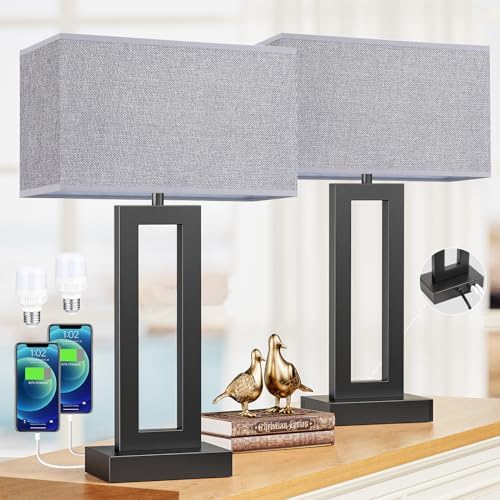 Seealle 22" Tall Living Room Lamps for Night Stands - Touch Bedside Lamp with USB C+A, 3 Way Dimmable Bedroom Lamps for End Tables Set of 2, Modern Night Stand Lamps for Bed Side(Grey&Black)