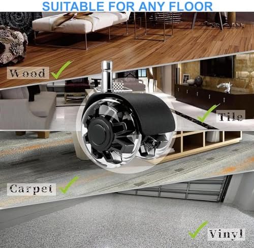 Office Chair Wheels, 2 Inch Rubber Rollers, Heavy Duty, Safe for Hardwood Floors, Carpets, Mats, Universal Size 11x22mm, Smooth and Quiet, Set of 5 (Black & Clear-Dual/2inch)