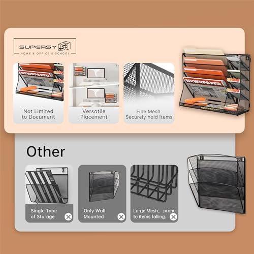 5-Tier Wall File Organizer with 4 Pen Holders and R-Shaped Tray, Black