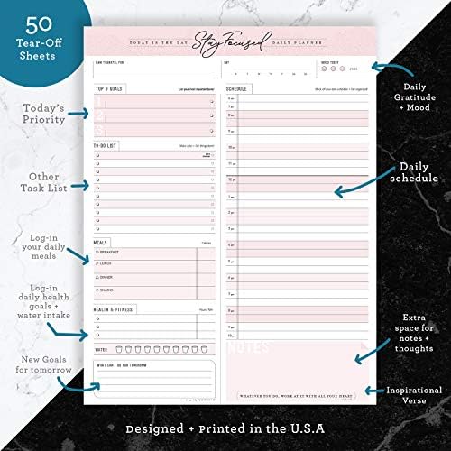Daily Notepad Planner To Do Schedule - Stay Focused 50 Tear off Premium Made USA (Rose Pink)