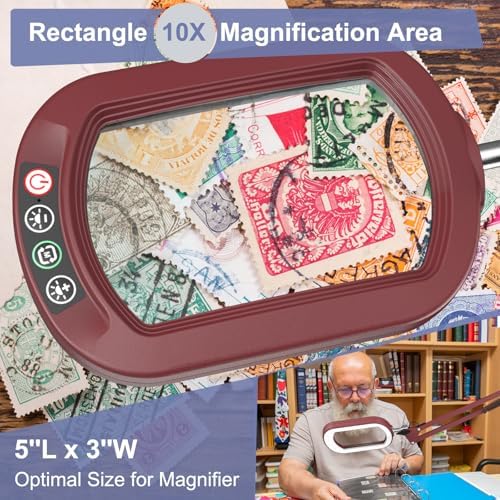 16" Extra Long Magnifying Glass with Light and Clamp, Real Glass, 5 Color Modes, Stepless Dimmable, Lighted Magnifier with Stand Hands Free, LED Swing Arm Desk Lamp for Close Work, Craft, Red