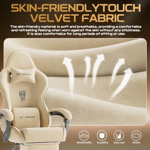 Ferghana Ergonomic Velvet Fabric Gaming Chair with Embroidery Fire, Massage Lumbar Support & Retractable Footrest, Reclining Racing Computer Office Desk Chair for Adults, Beige
