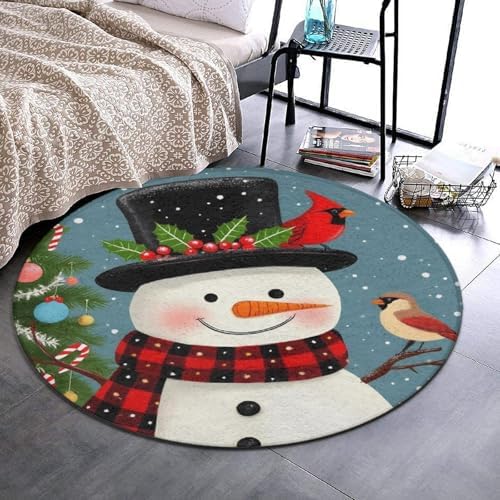 Men's Large Home Decor Mat, Soft Round Yoga Carpet, Non Slip Machine Washable Home Office Circle Rug Christmas Snowman Red Birds