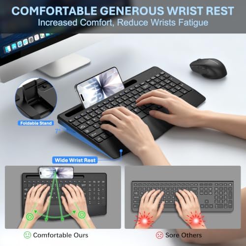 Rechargeable Silent Wireless Keyboard and Mouse Combo, Ergonomic Wrist Rest & Phone Tablet Holder, USB-C Adapter Included, 2.4G Lag-Free Cordless Set for Windows Mac Laptop PC Home Office (Black)