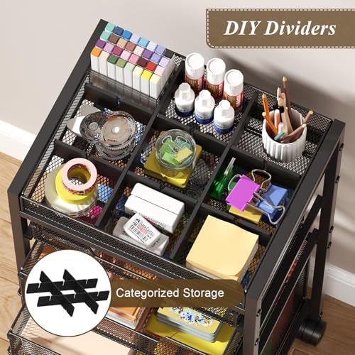 Rolling File Cart with 4 Storage Drawers, Under Desk Organizer with DIY Divider, Moblie Filing Cabinet on Wheels, Fits A4/Letter Size, Metal Utility Cart for Home Office, Black