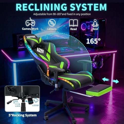 Led Gaming Chair with Speakers Massage 165° Reclining Computer Chairs-Green