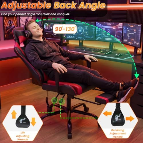 BestOffice Women's Red Gaming Chair, Sturdy Faux Leather, 360-Degree Rotating, Lumbar Support, Massage Vibration, Easy Assembly, 21.7"W x 20.9"D x 45"H