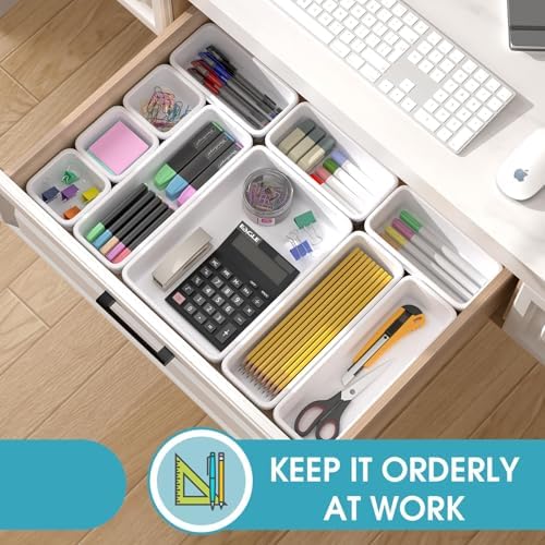 16 PCS Drawer Organizer Set, 4 Size Makeup Drawer Divider Organizer With Non-Slip Pads, Interlocking Plastic Storage Bins for Office,Jewelry Vanity,Gadgets, Bathroom,Kitchen, White