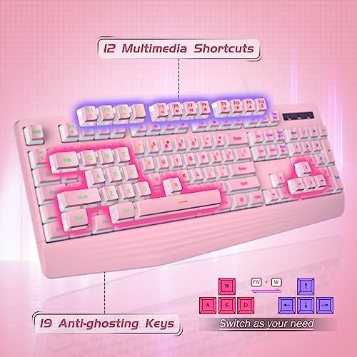 yesbeaut Pink Wired Keyboard, LED Backlit, 104 Keys Silent Light Up Gaming