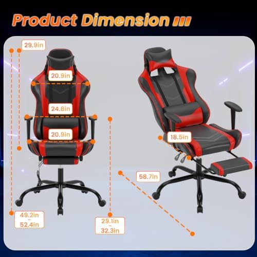 BestOffice Women's Red Gaming Chair, Sturdy Faux Leather, 360-Degree Rotating, Lumbar Support, Massage Vibration, Easy Assembly, 21.7"W x 20.9"D x 45"H