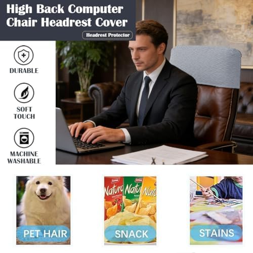 Stretch Office Chair Headrest Cover Jacquard Headrest Slipcover for Office Chairs Non Slip Head Rest Chair Furniture Protector for High Back Computer Chairs Set of 2 Light Gray