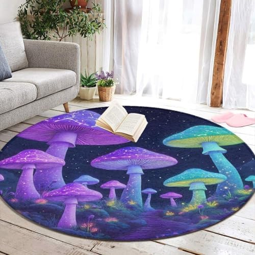 Men's Large Home Decor Mat, Soft Round Yoga Carpet, Non Slip Machine Washable Home Office Circle Rug Neon Mushrooms