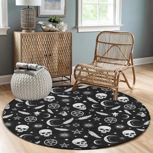 Room Sofa Yoga Soft Round Carpet, Home Decor Non Slip Kitchen Office Circle Rug, Machine Washable Modern Round Area Rug Goth Raven Crow Skull Moon Star Gothic Witch Magic Spirit Board